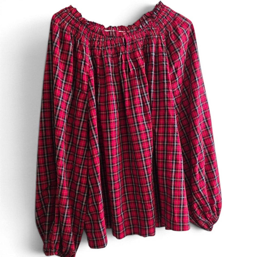 Old Navy Holiday Red Plaid Smocked Seersucker Swing Blouse Women's 3X 2022
